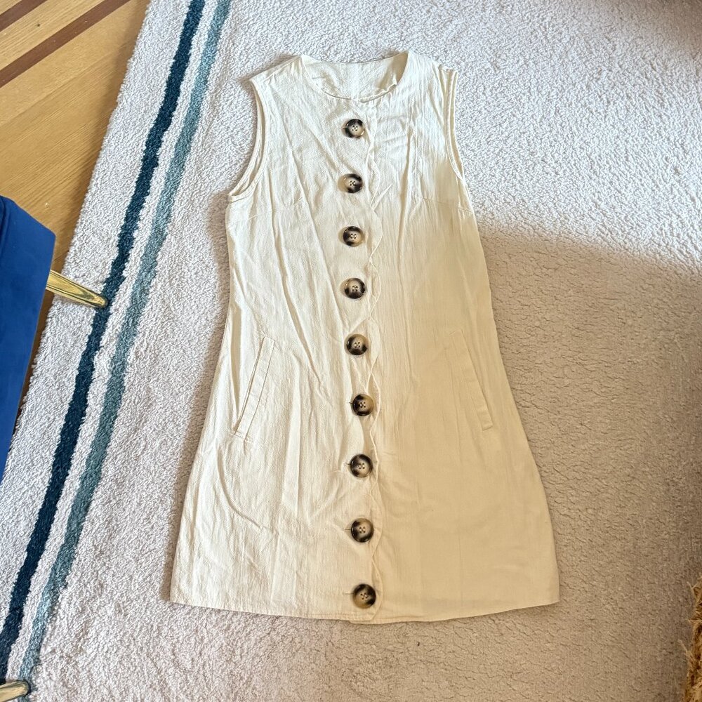 Cotton Button Down Scalloped Edge A-Line Mini Dress - Easy Everyday Summer Dress - Picture 5 of 8